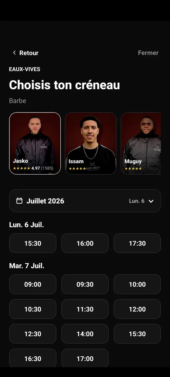 Choix du barbier et du créneau dans l'app Barber Concept