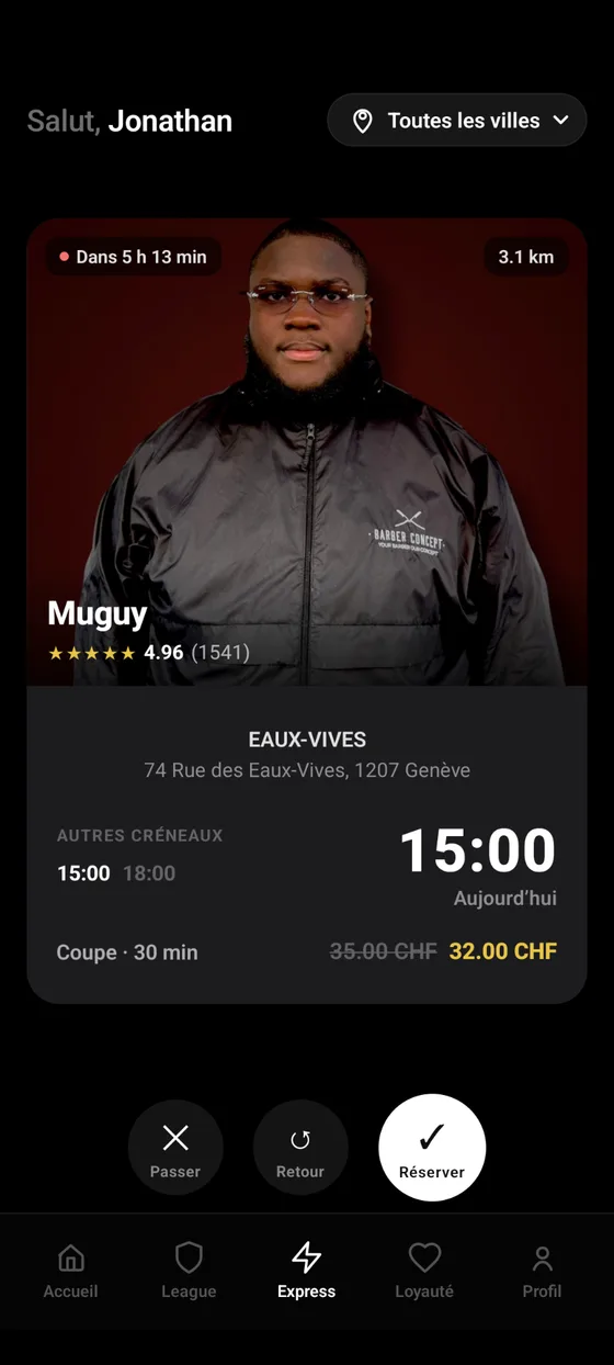 Écran Express Booking de l'app Barber Concept — réservation rapide, prix du jour