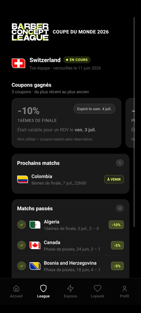 Barber Concept League dans l'app — Coupe du Monde 2026, coupons à gagner