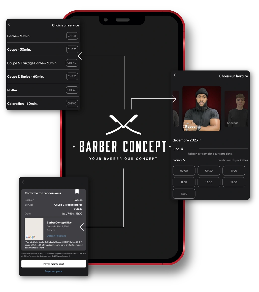 Écrans de l'application Barber Concept — réservation, choix du barbier et calendrier