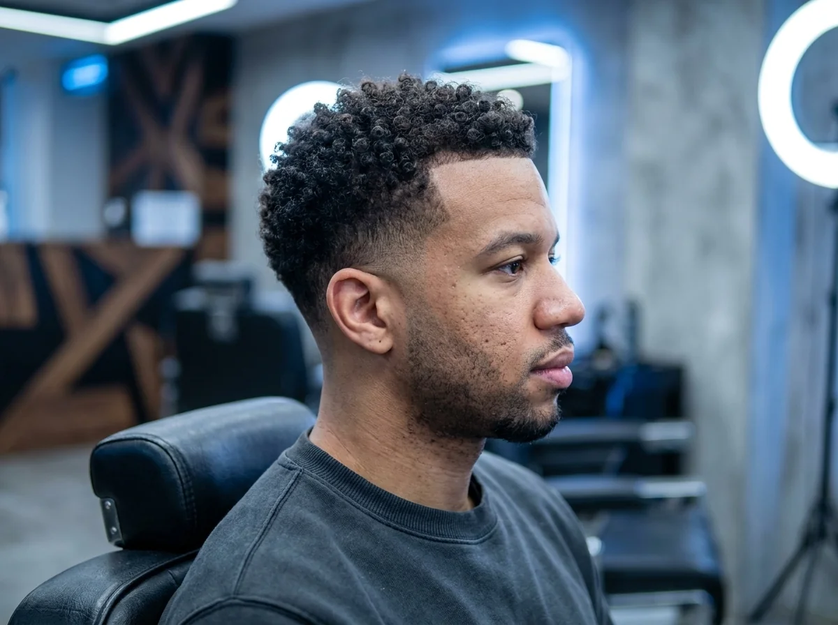 Taper fade cheveux frisés homme vue de profil barbier salon