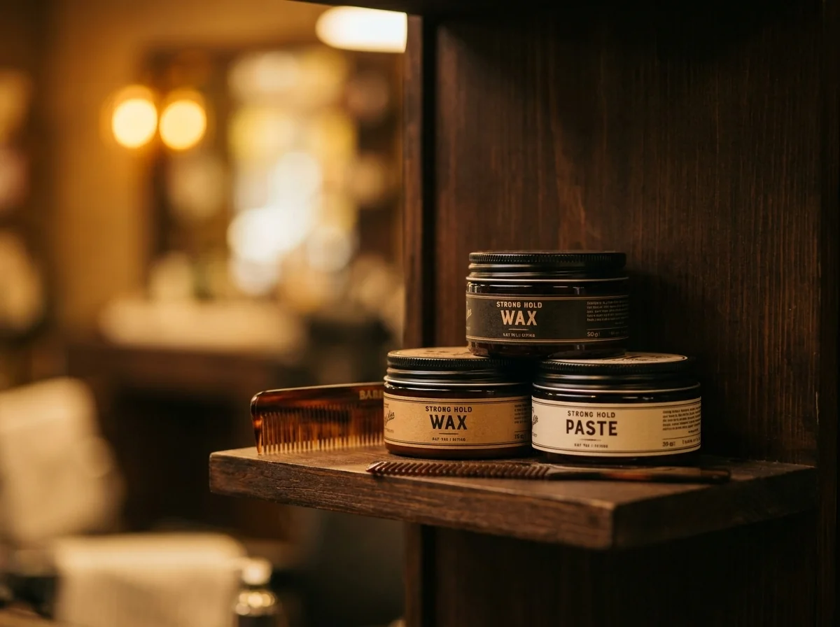 Produits cire et pâte coiffante forte tenue pour cheveux raides homme disposés en salon