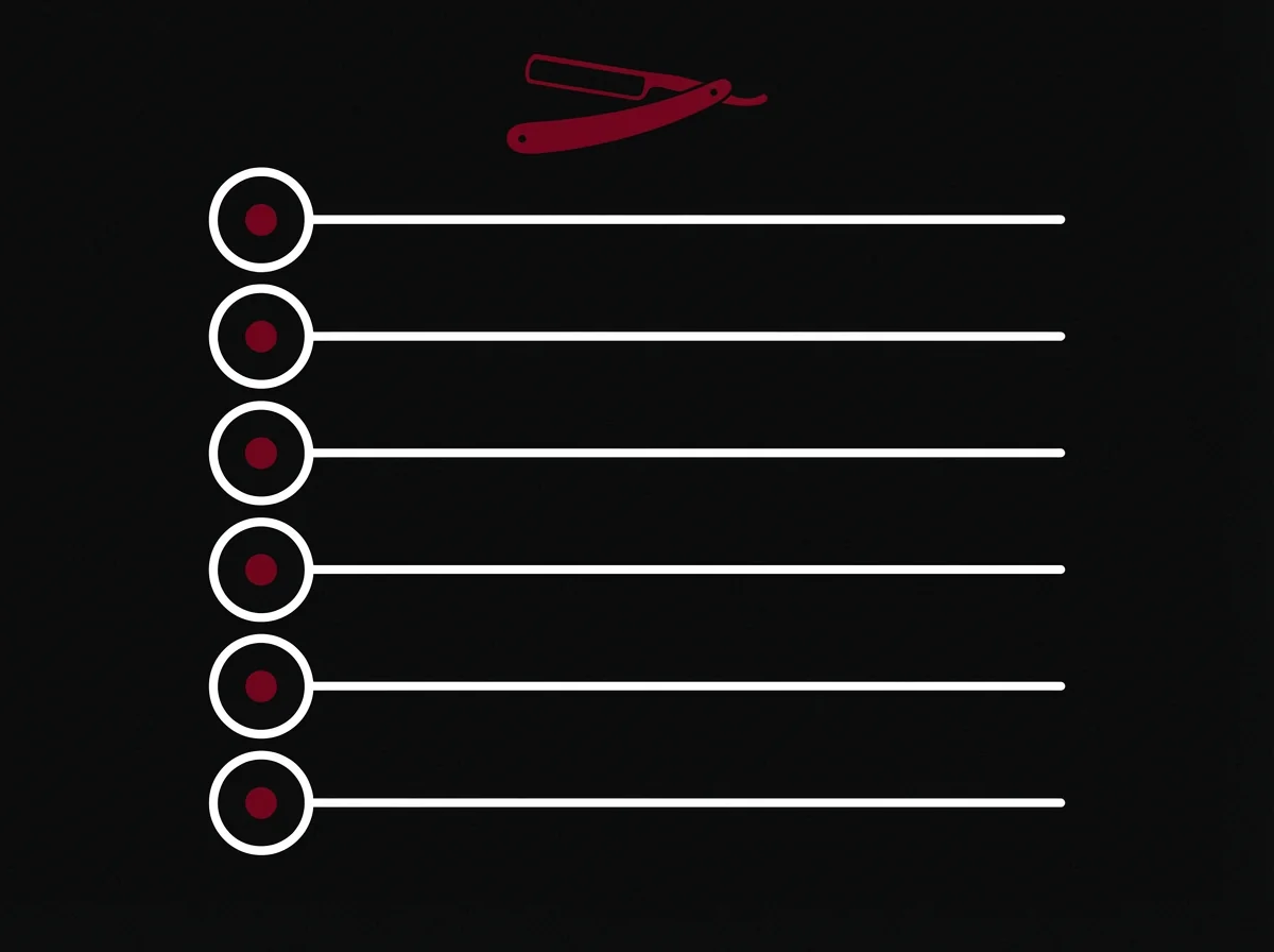 Checklist éditoriale symbolisant les six critères pour reconnaître un bon barbier à Genève, six marqueurs verticaux sous une icône de rasoir sabre