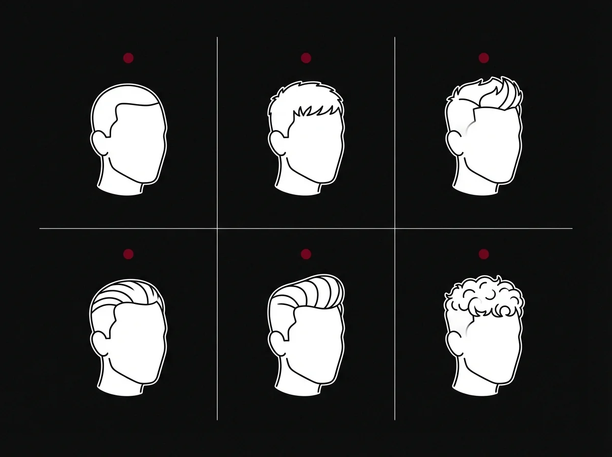 Grille éditoriale des six coupes homme tendance 2026, buzz cut, textured crop, mid fade quiff, slick back, pompadour et curly top, présentées en silhouettes trois-quarts