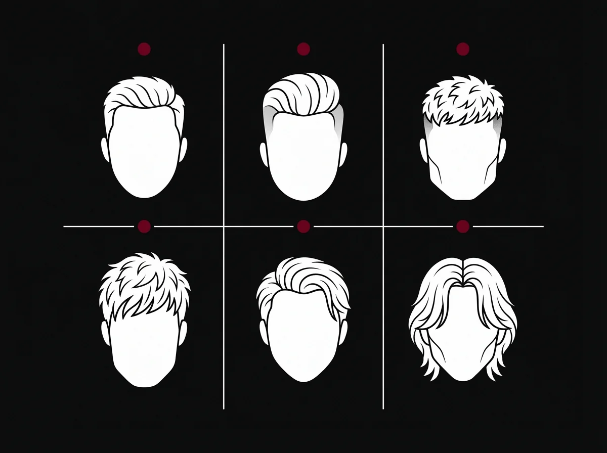 Schéma éditorial des six formes de visage homme avec leur coupe recommandée associée, ovale avec taper classique, rond avec pompadour, carré avec crop texturé, allongé avec frange, cœur et diamant