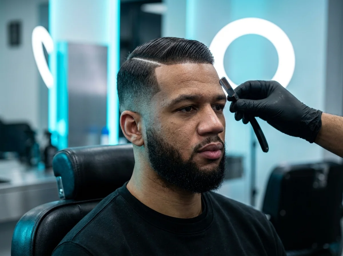 Coupe classique homme side part réalisée par un barbier Barber Concept, raie nette et contour rasé droit