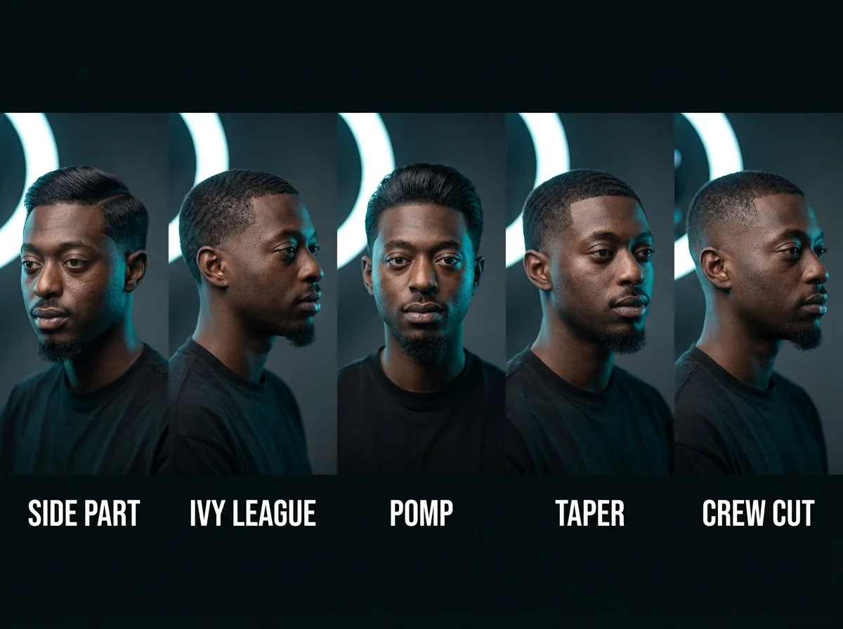 Les 5 coupes classiques homme : side part, ivy league, pompadour, taper, crew cut présentées en portraits salon