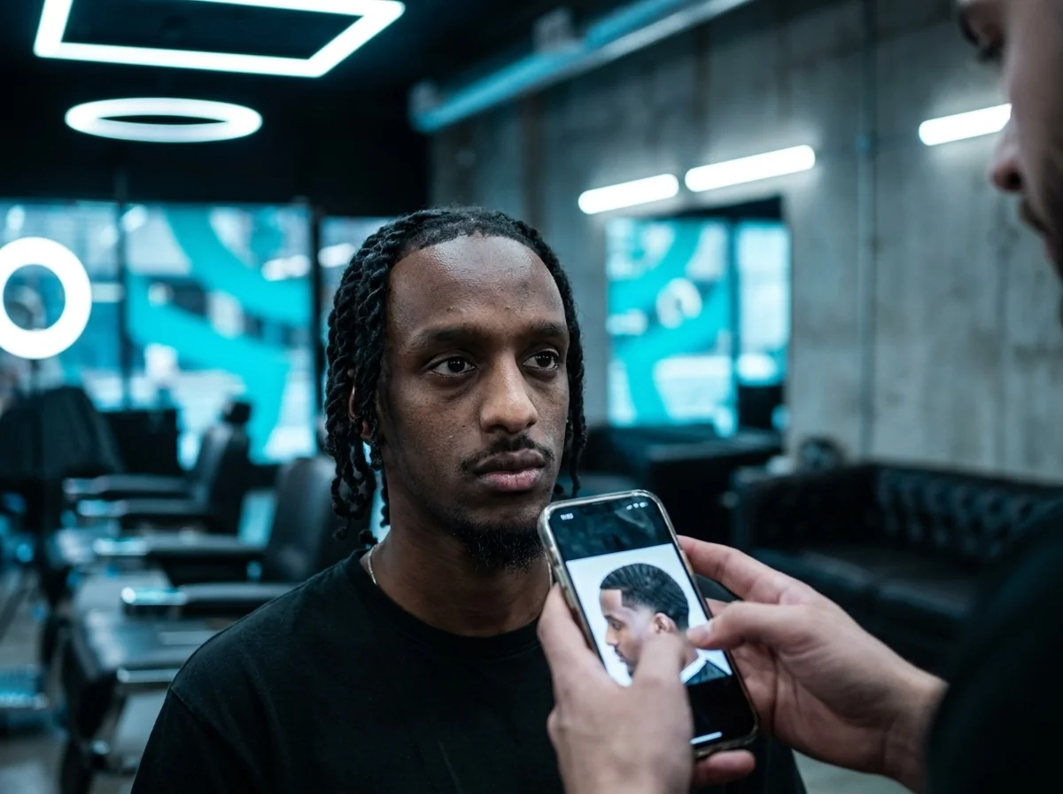 Client montrant une coupe classique de référence sur son téléphone à son barbier dans un salon Barber Concept