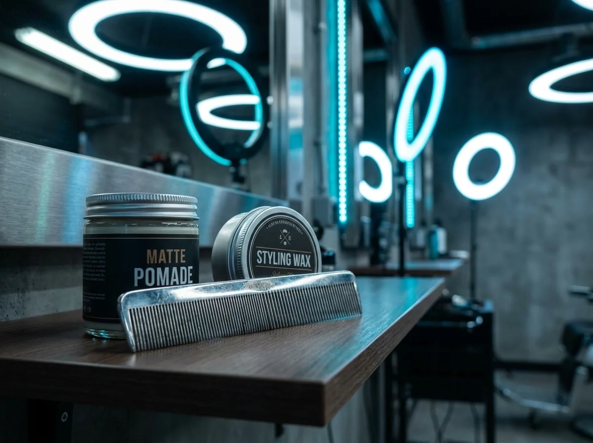 Produits entretien coupe classique homme : pommade mate, peigne métallique et cire posés sur une étagère en bois de salon