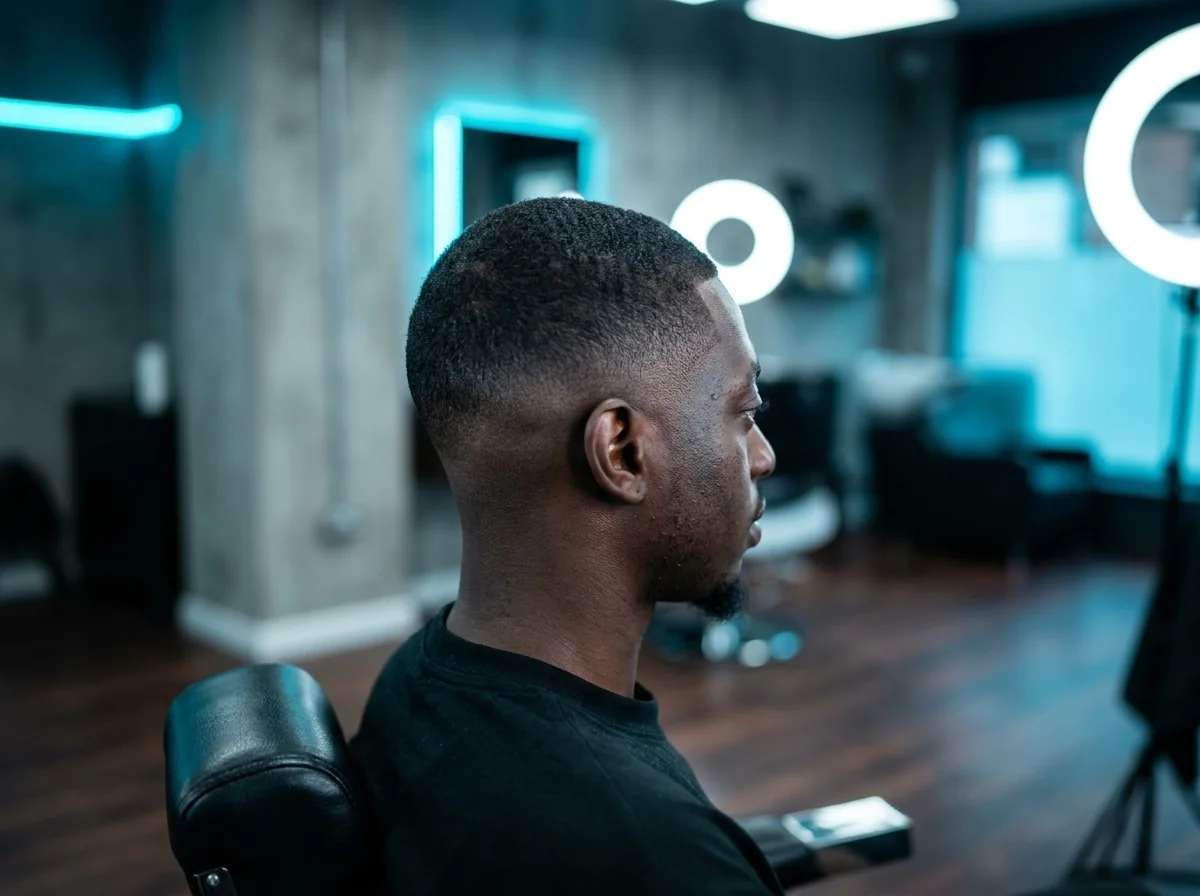 Barbier finissant un taper fade court sur un client assis dans le fauteuil en cuir d'un salon Barber Concept, éclairage chaud estival