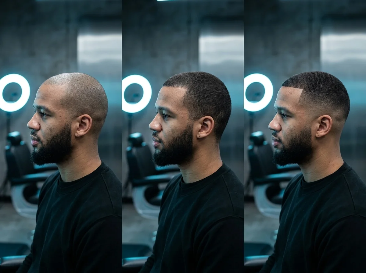 Trois portraits de profil montrant progressivement un buzz cut très court, un crew cut et un taper fade structuré pour l'été homme