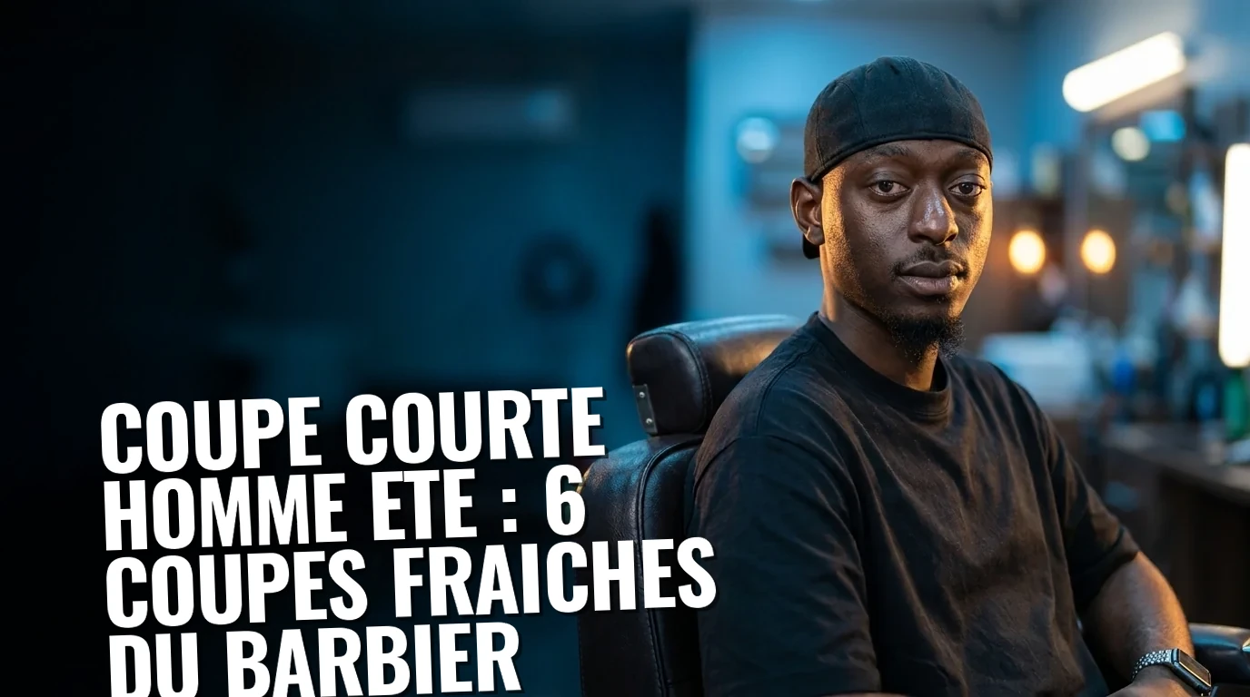 Barbier finissant un taper fade court sur un client dans le fauteuil d'un salon Barber Concept, ambiance estivale