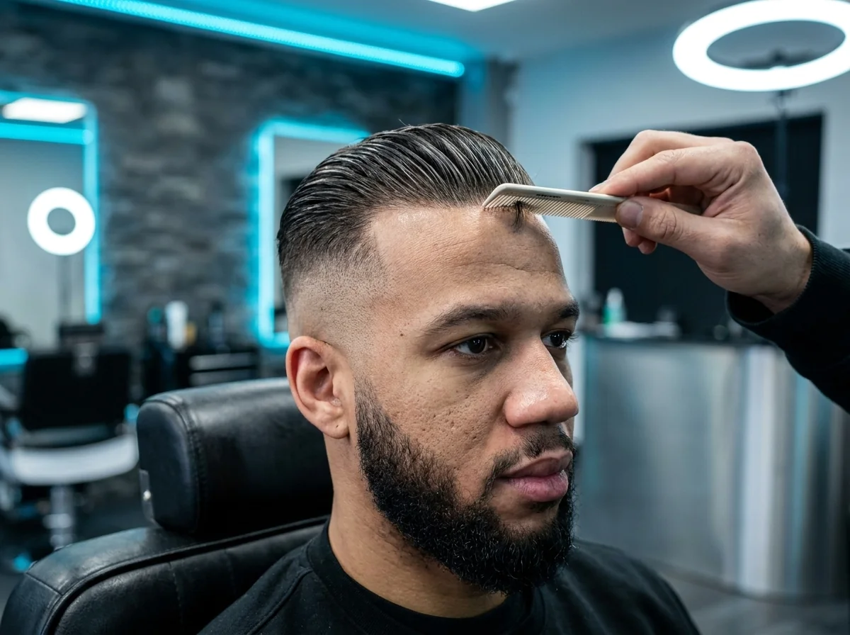 Coupe homme mi-long slick back réalisée par un barbier Barber Concept