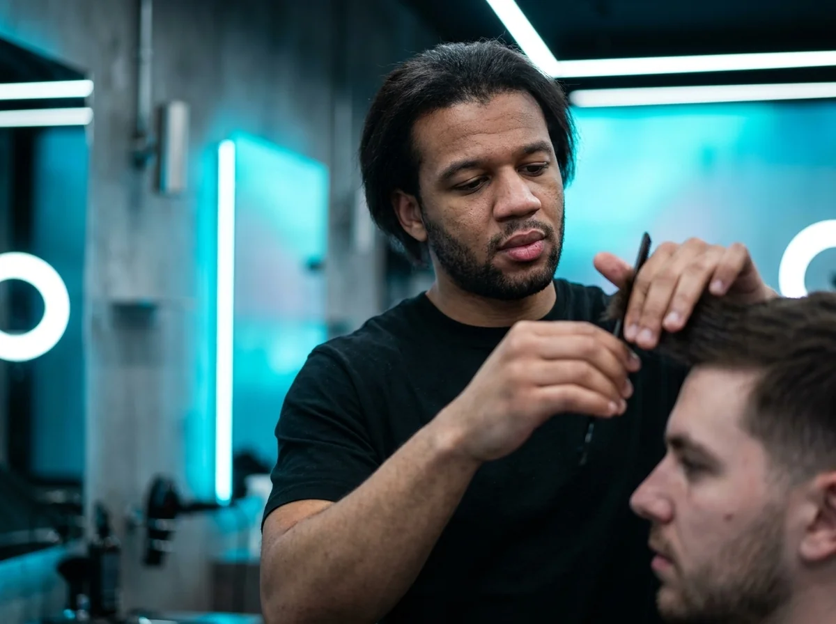 Barbier évaluant la longueur avant une coupe mi-longue homme