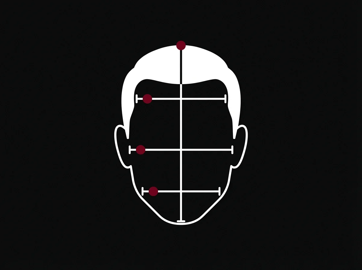 Schéma des proportions clés du visage homme, largeur du front, largeur des pommettes, largeur de la mâchoire et longueur totale du visage mesurées sur un portrait éditorial