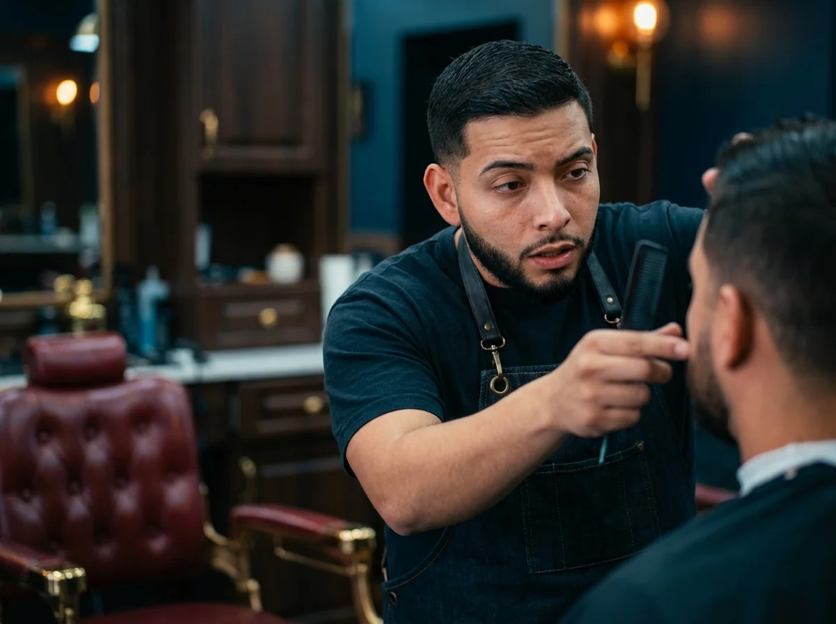 Barbier expert conseillant un client sur la coupe adaptée à la forme de son visage