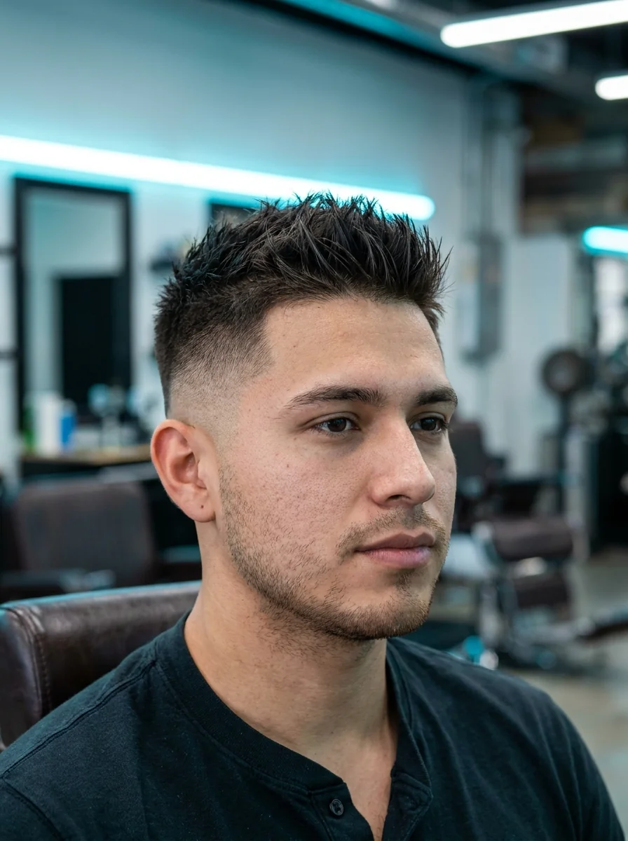Burst fade homme : fondu en arc autour de l'oreille et dessus texturé