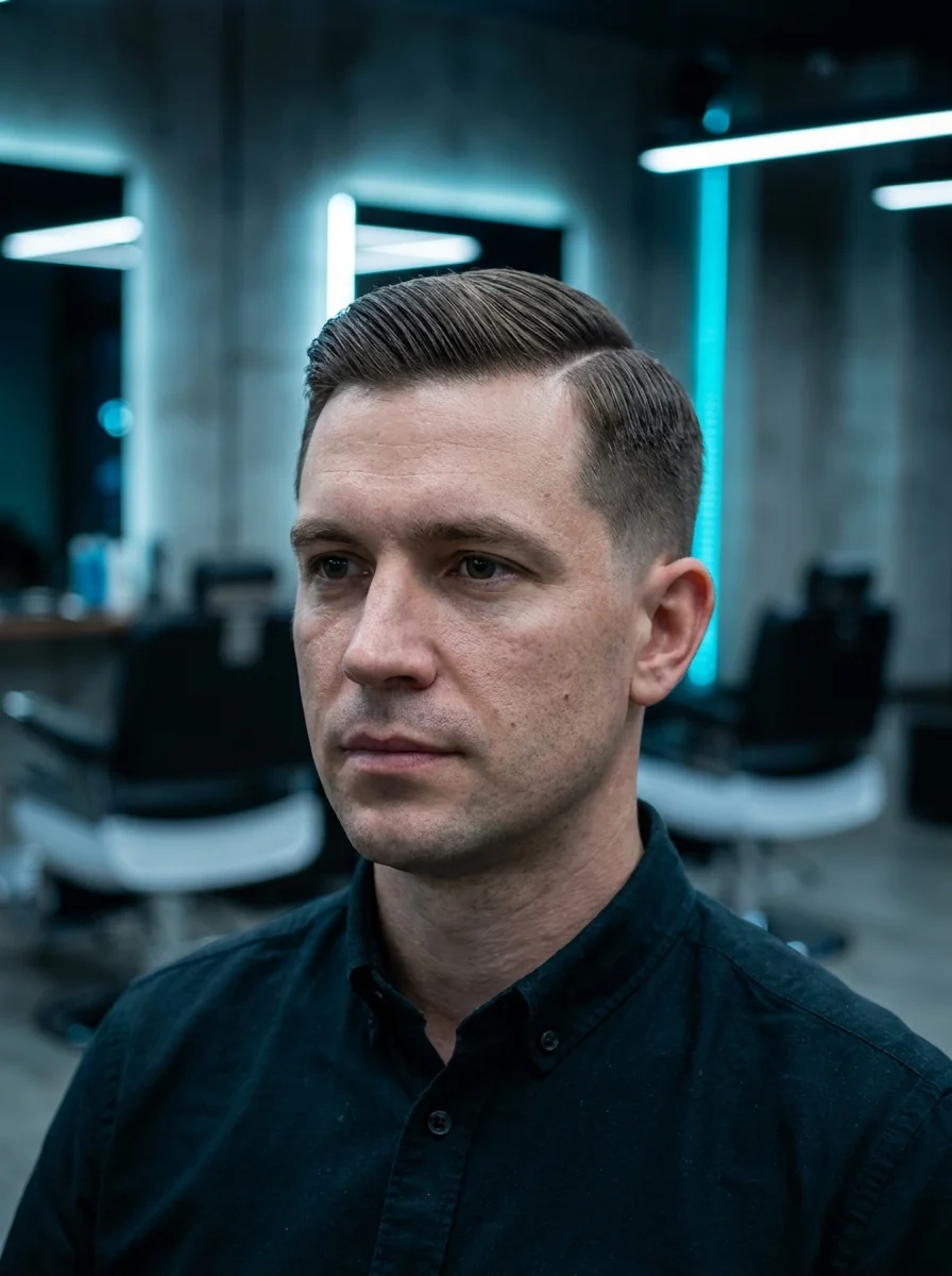 Coupe classique homme : side part travaillé aux ciseaux, look intemporel
