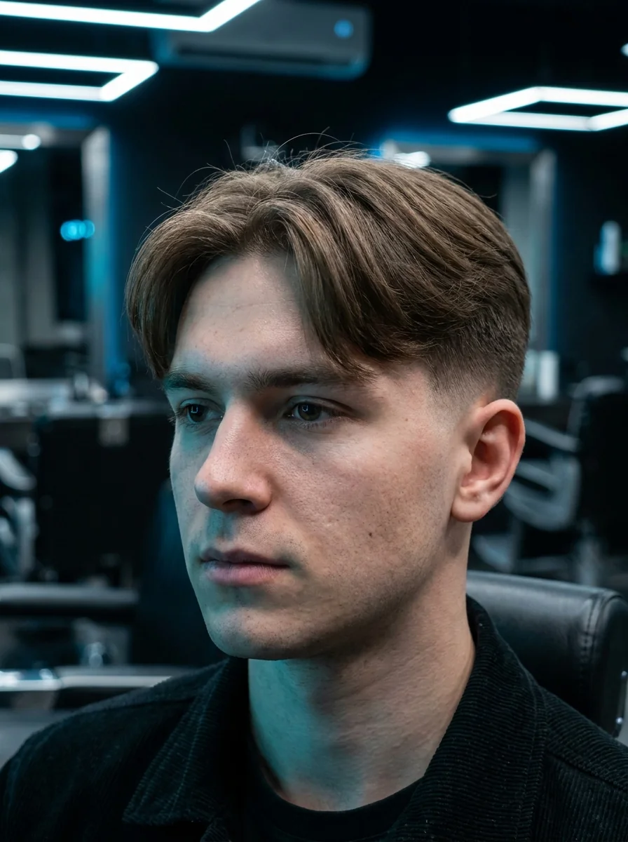 Curtain hair homme : frange rideau séparée au milieu, côtés fondus