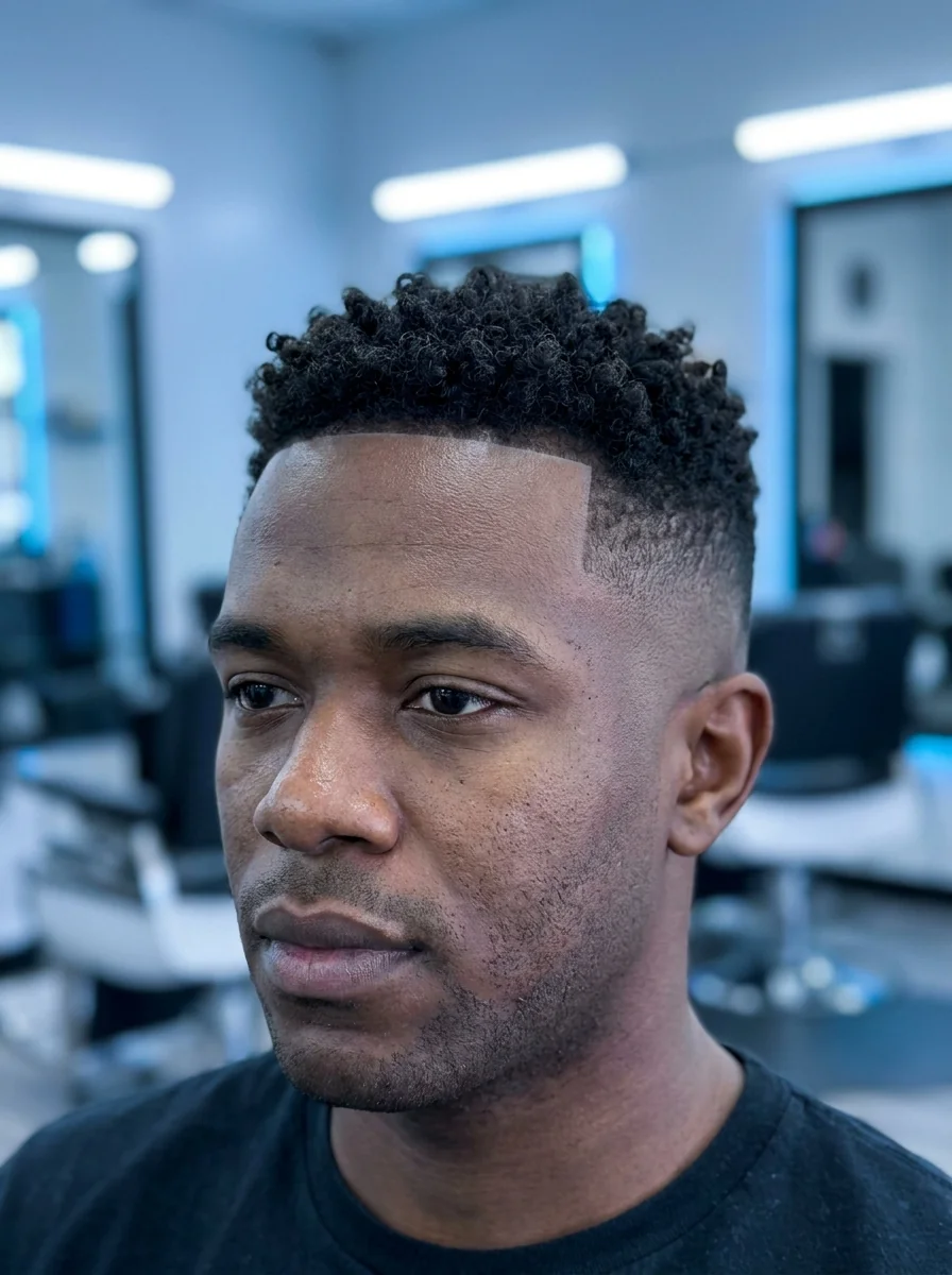 Dégradé fade homme : côtés fondus en skin fade et dessus bouclé, coupe barbier