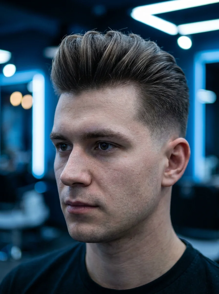 Pompadour quiff homme : volume relevé sur le devant, côtés fondus