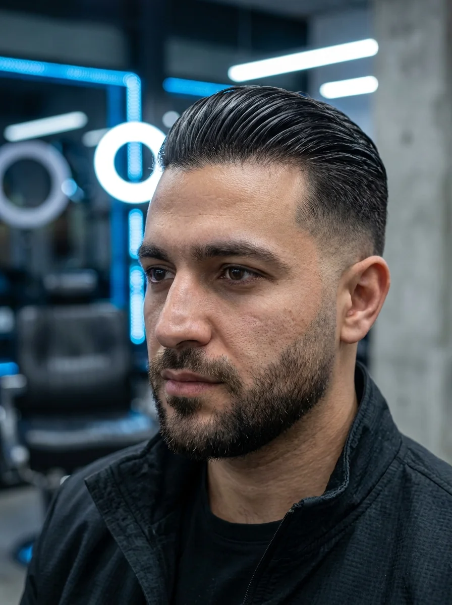 Slick back homme : cheveux peignés en arrière au produit, côtés dégradés