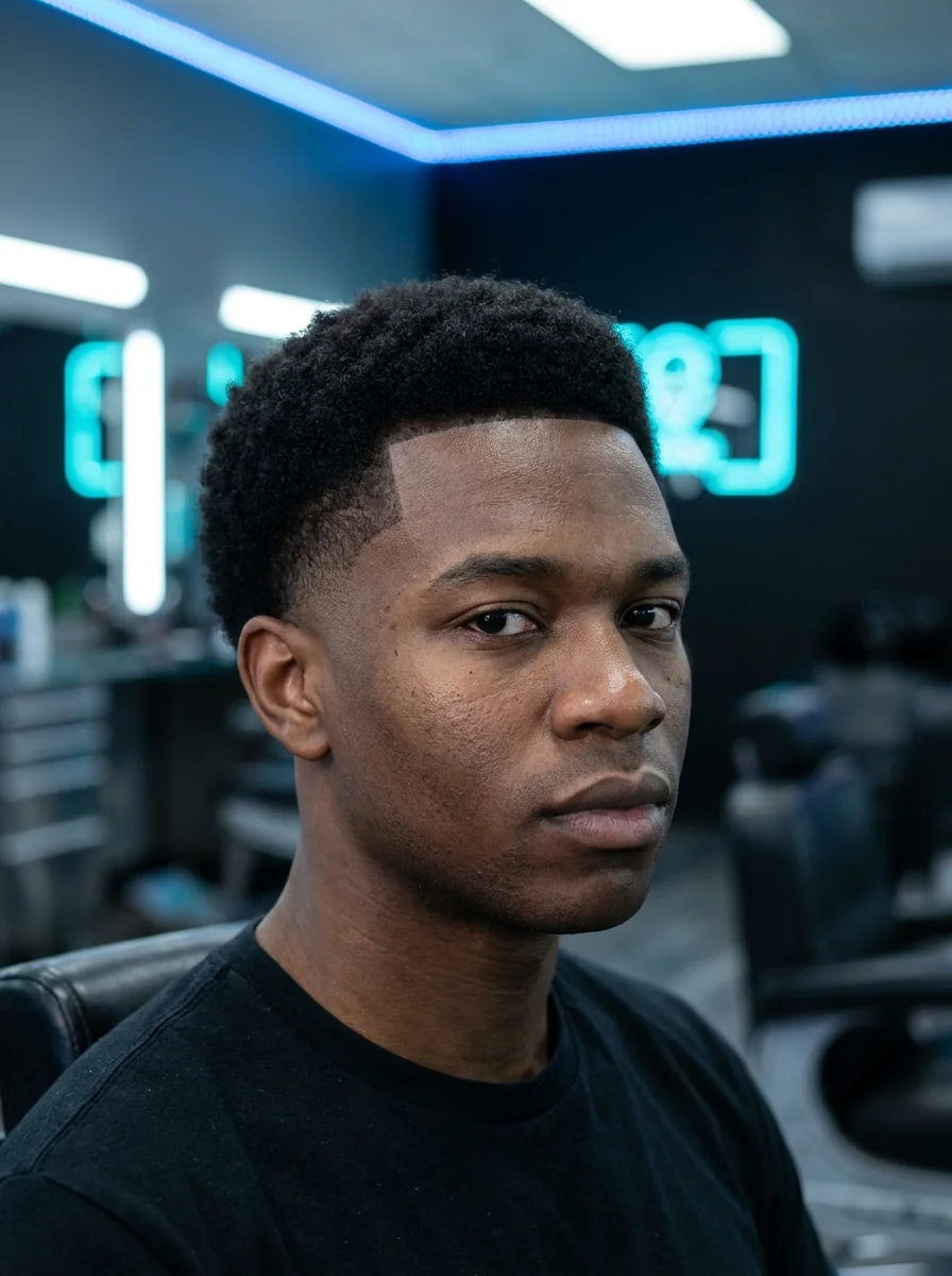 Afro taper fade homme sur cheveux crépus type 4 chez Barber Concept, dégradé adapté à la texture frisée et dessus en volume naturel