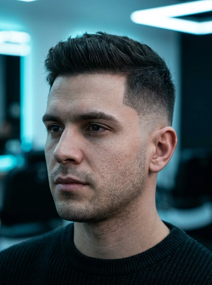 Low taper fade homme réalisé chez Barber Concept, dégradé bas discret qui démarre au-dessus de l'oreille