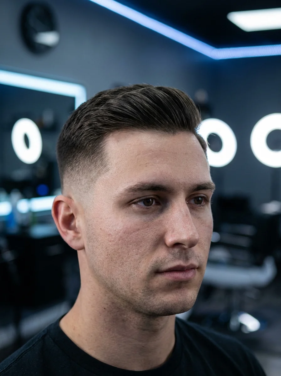 Mid taper fade homme chez Barber Concept, dégradé qui démarre à mi-hauteur de la tempe, transition marquée