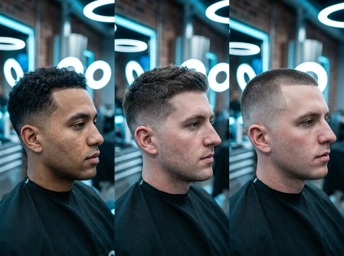 Triptyque low fade, mid fade et high fade homme réalisés chez Barber Concept, les trois hauteurs de dégradé comparées côte à côte