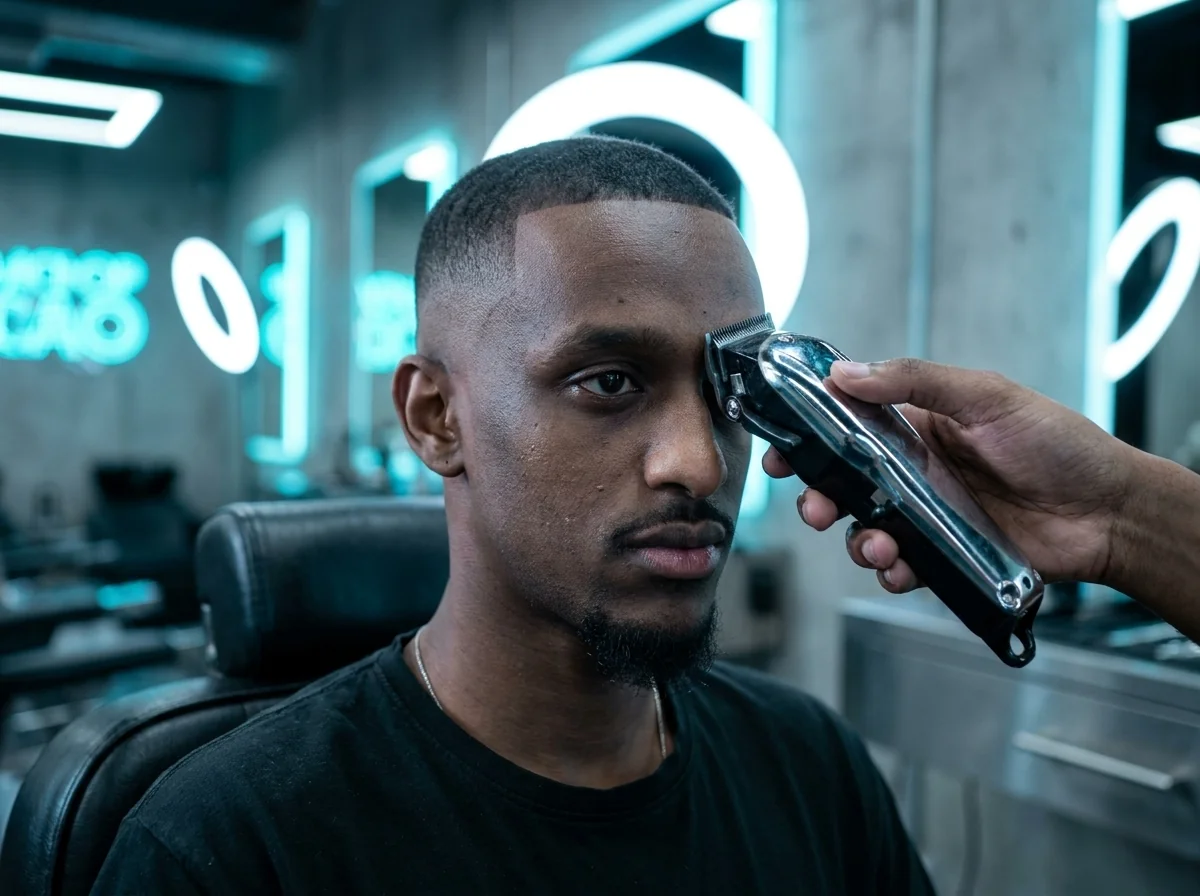 Macro d'un skin fade homme en cours de réalisation à la tondeuse chez Barber Concept, transition rasée jusqu'à la peau à la base