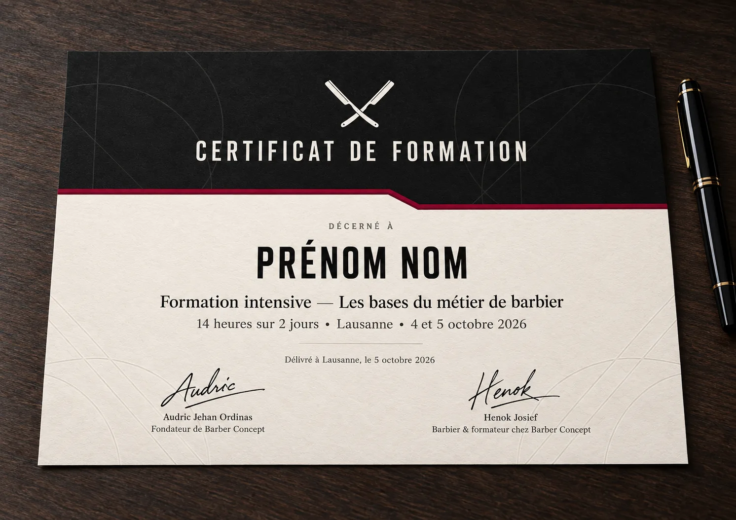 Le certificat Barber Concept Académie signé par Audric et Henok