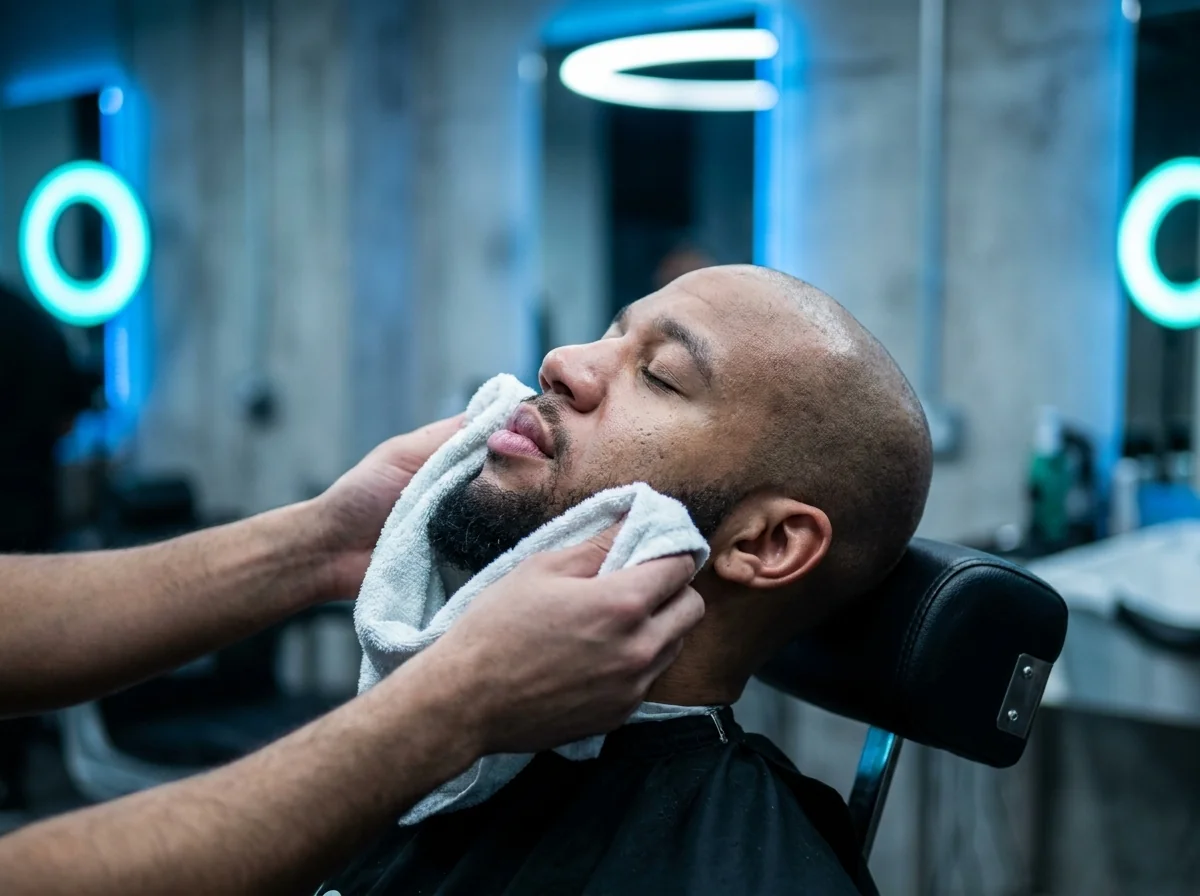 Rasage traditionnel à la serviette chaude chez le barbier, gros plan sur les mains du barbier appliquant une serviette chaude sur le visage d'un client