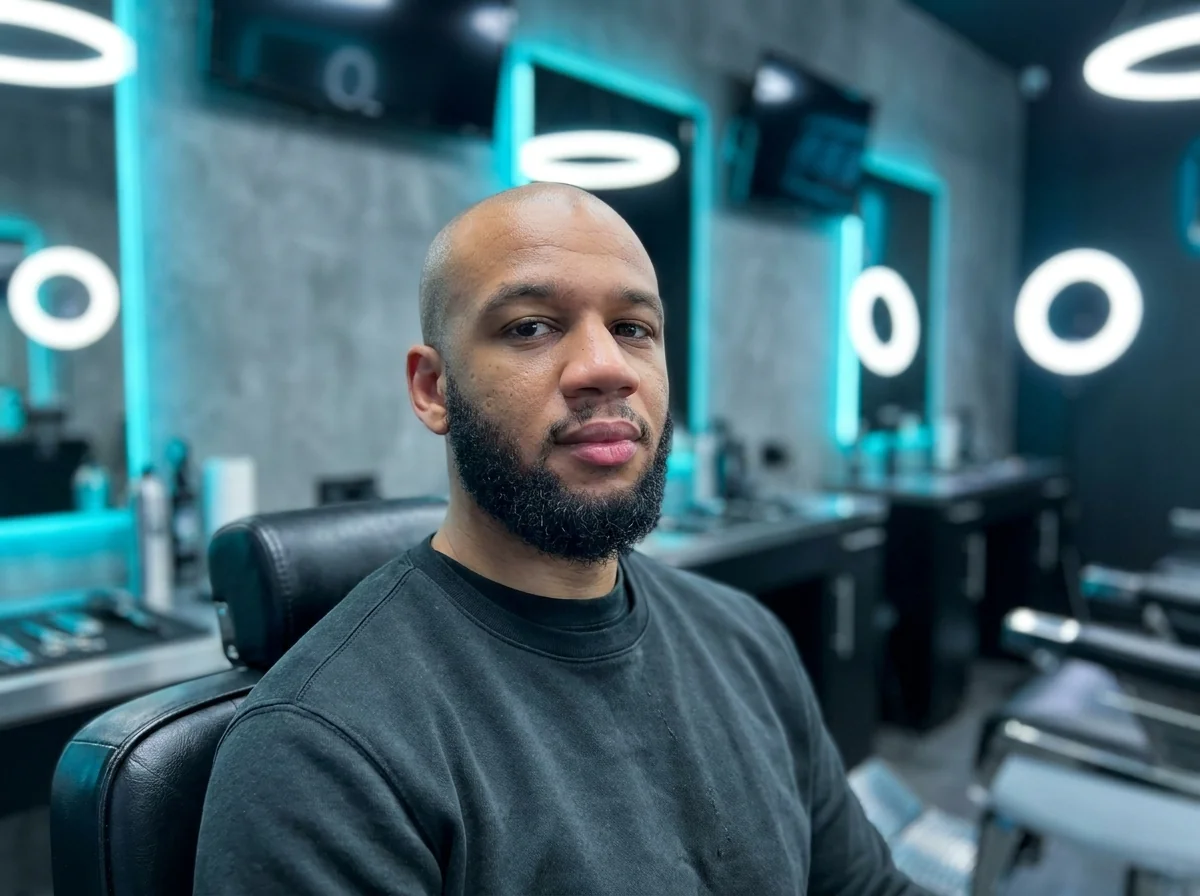 Fade net réalisé par un barbier spécialisé, plan rapproché sur la nuque d'un client, dégradé parfaitement visible, fond sombre
