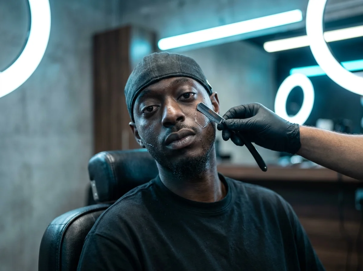Barbier traçant une ligne de barbe au rasoir en salon, geste précis sur la joue et la mâchoire d'un client