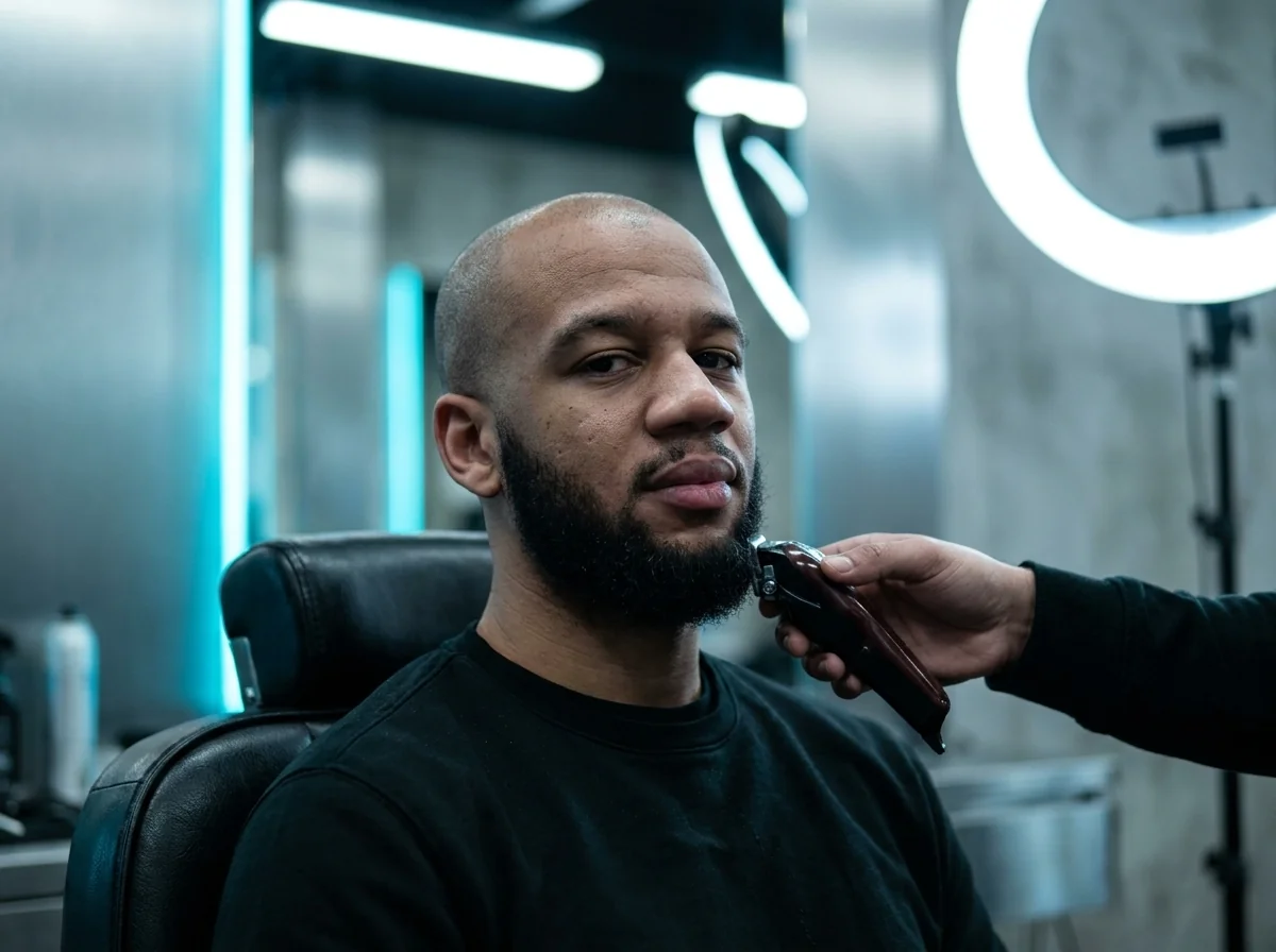 Barbier sculptant une barbe courte, fréquence d'entretien 2-3 semaines en salon