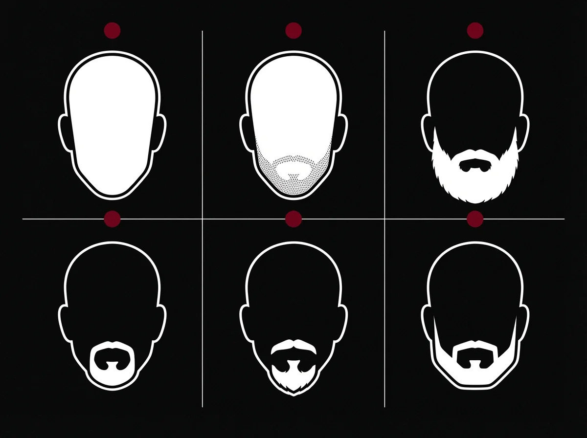 Schéma éditorial des six formes de barbe homme associées à différentes morphologies de visage, clean shaven, short stubble, full beard, goatee, Van Dyke et boxed beard