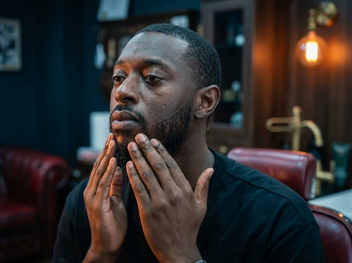 Application d'huile à barbe sur une barbe homme de longueur moyenne