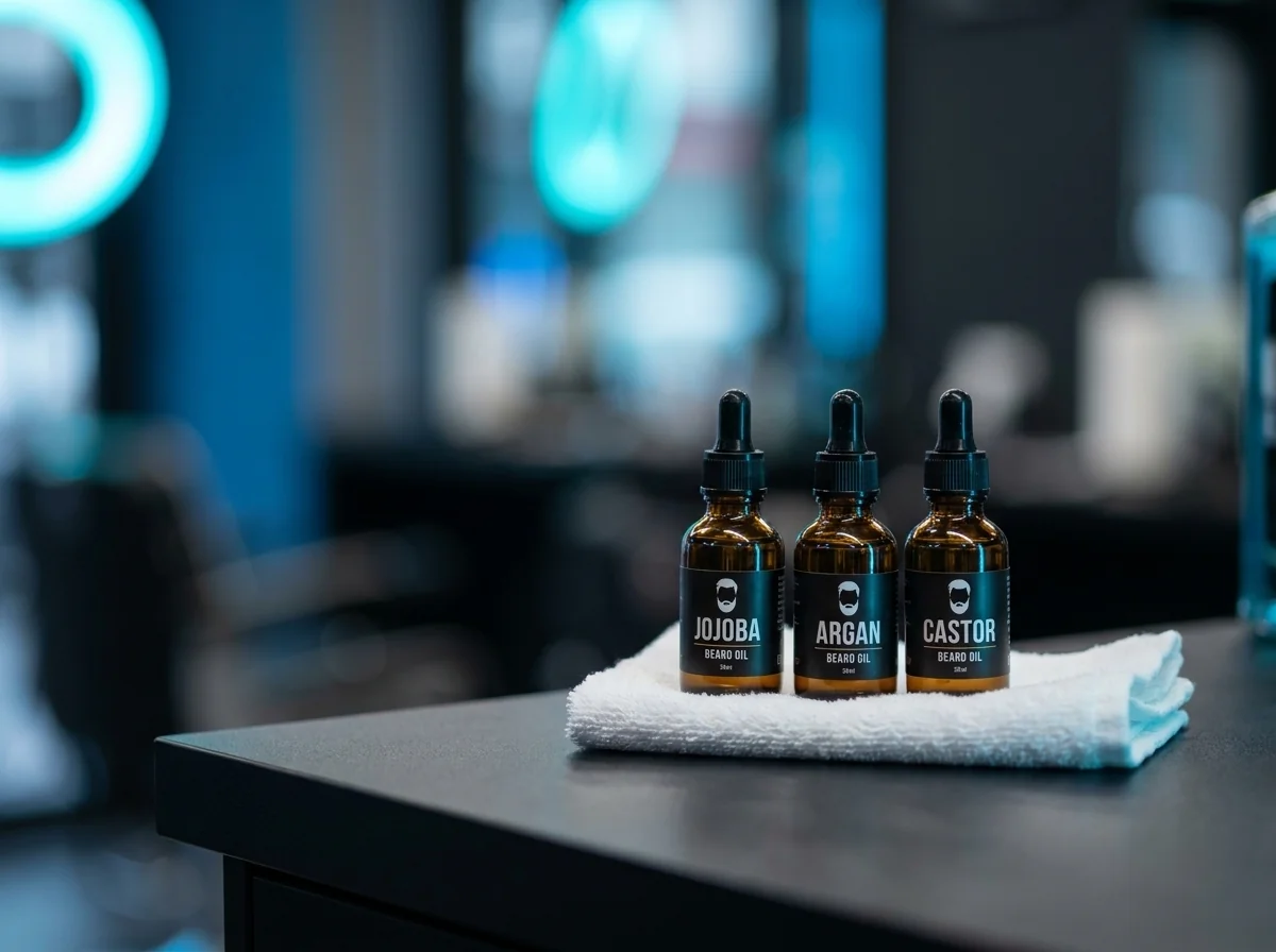 Huiles naturelles jojoba argan ricin pour la barbe, petits flacons en verre sur serviette blanche