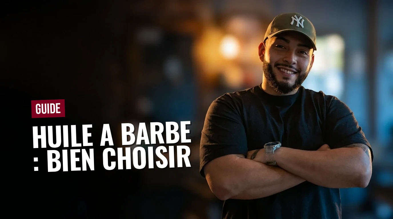 Flacon d'huile à barbe avec pipette posé sur une surface de salon de barbier