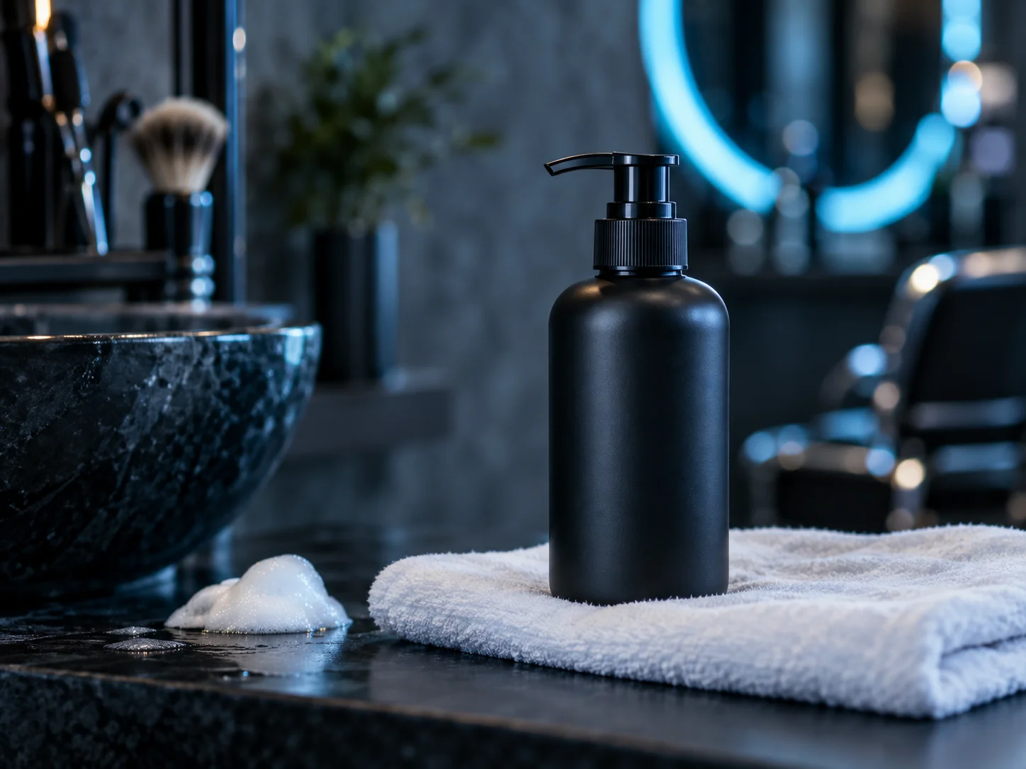 Shampoing à barbe neutre sans marque, utilisé en routine d'entretien capillaire homme