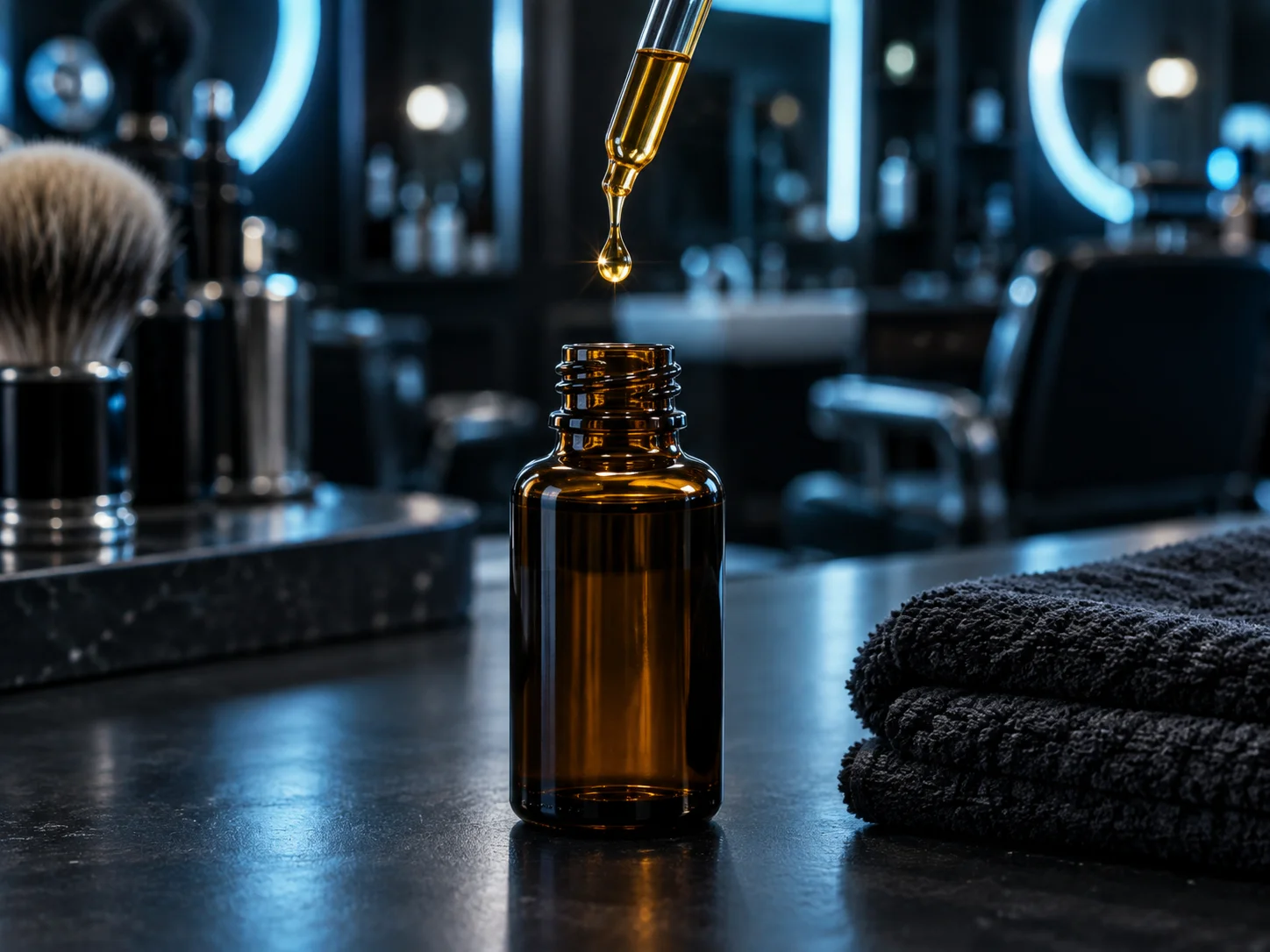 Compte-gouttes d'huile à barbe neutre, une goutte en suspension au-dessus d'un comptoir de salon