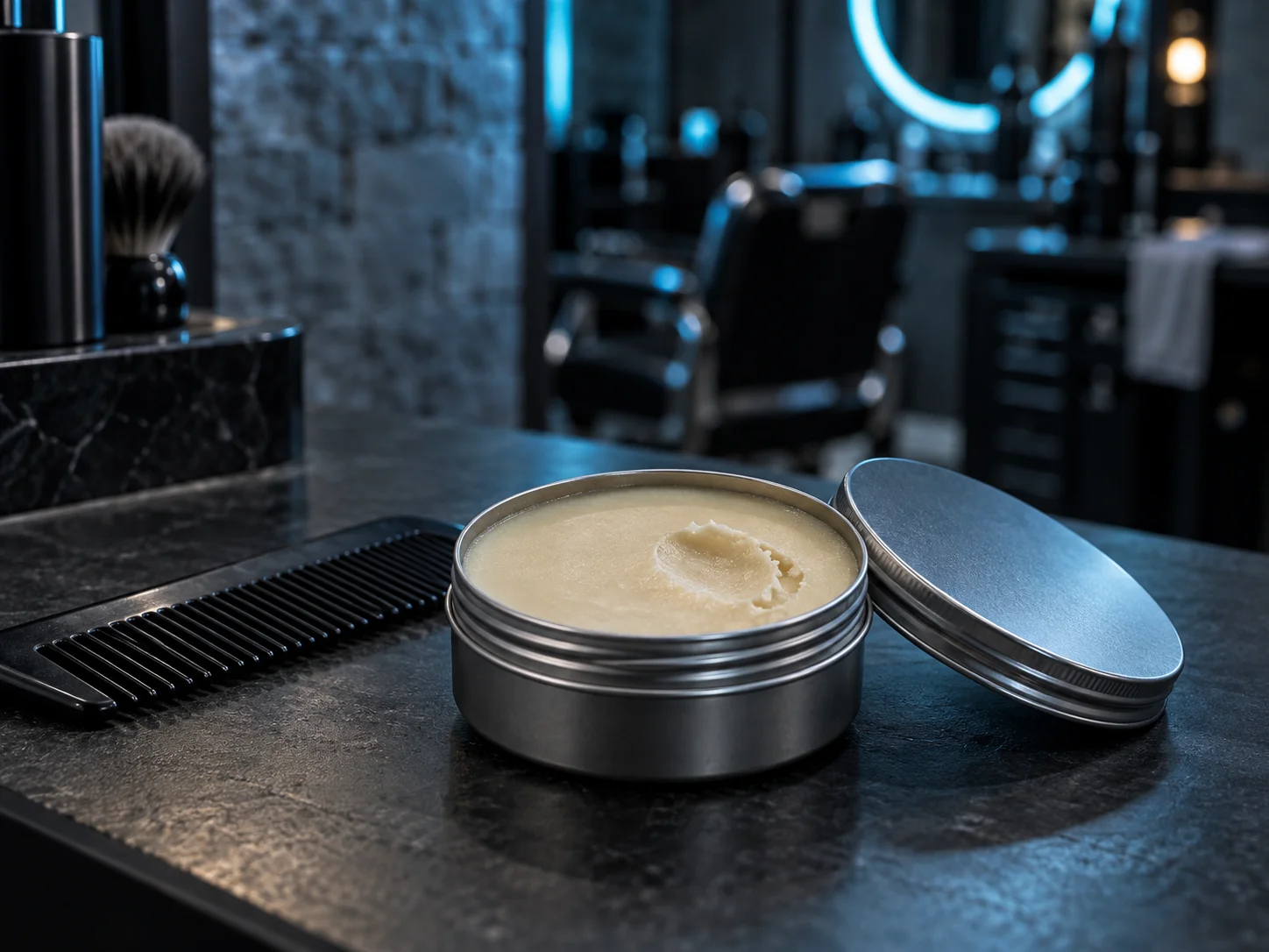 Baume à barbe texture crème dans un pot neutre, pour discipliner une barbe longue