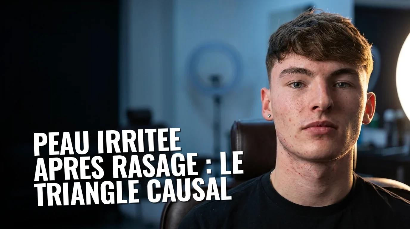 Peau irritée après rasage chez l'homme : rougeurs et feu du rasoir visibles sur le cou après un rasage à domicile