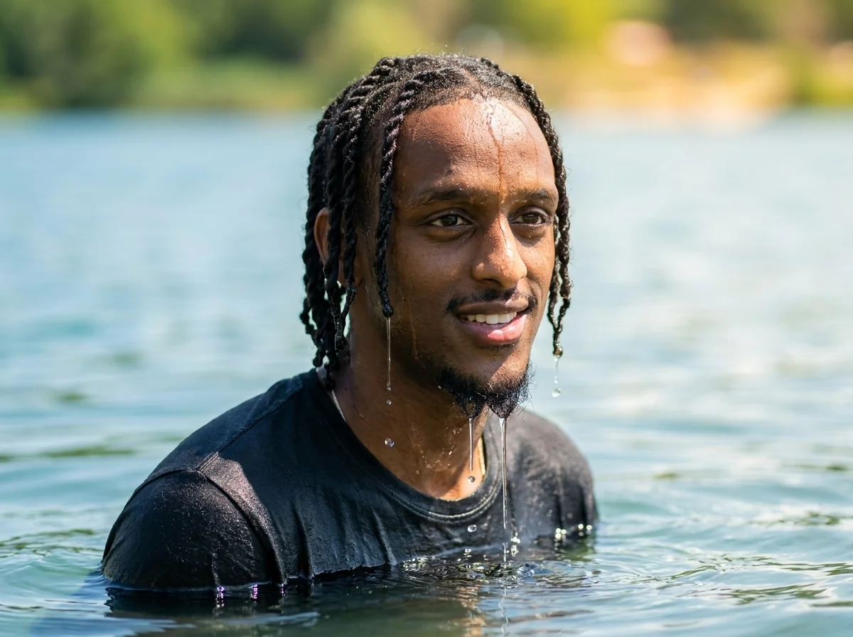 Homme aux cheveux courts mouillés sortant d'un lac en été, lumière soleil de côté, protection cheveux chlore et soleil
