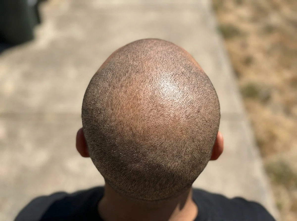 Vue du dessus d'un homme portant un skin fade très court, cuir chevelu visible sous la lumière solaire directe