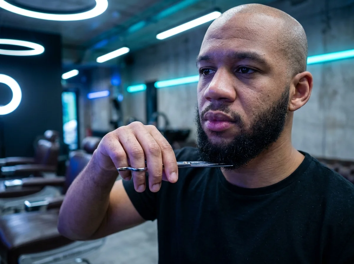 Barbier coupant les pointes abîmées d'un client en salon, plan rapproché ciseaux sur cheveux, éclairage chaud de salon
