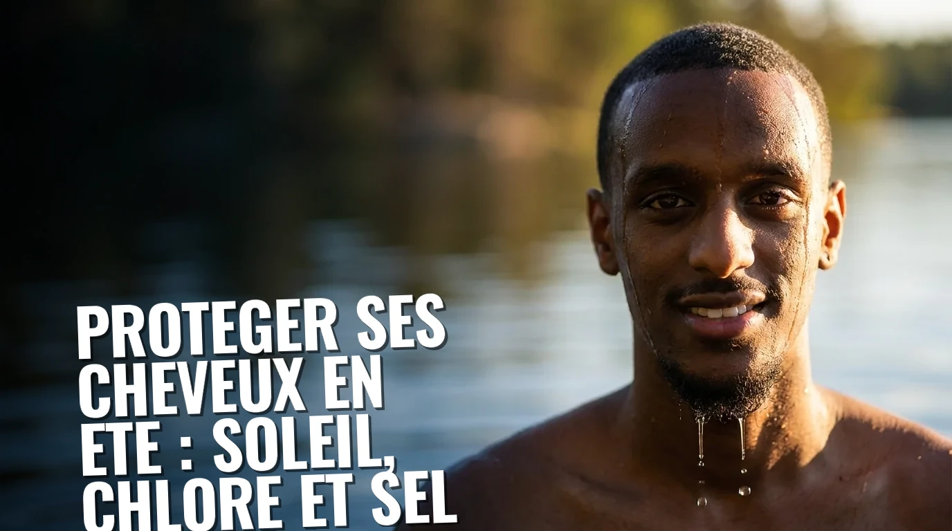 Homme aux cheveux courts mouillés sortant d'un lac en été, protection cheveux chlore et soleil