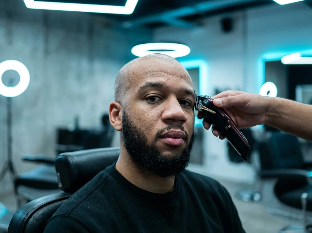 Barbier Barber Concept réalisant un taper fade sur un client à Genève, tondeuse à la main, geste précis sur la tempe