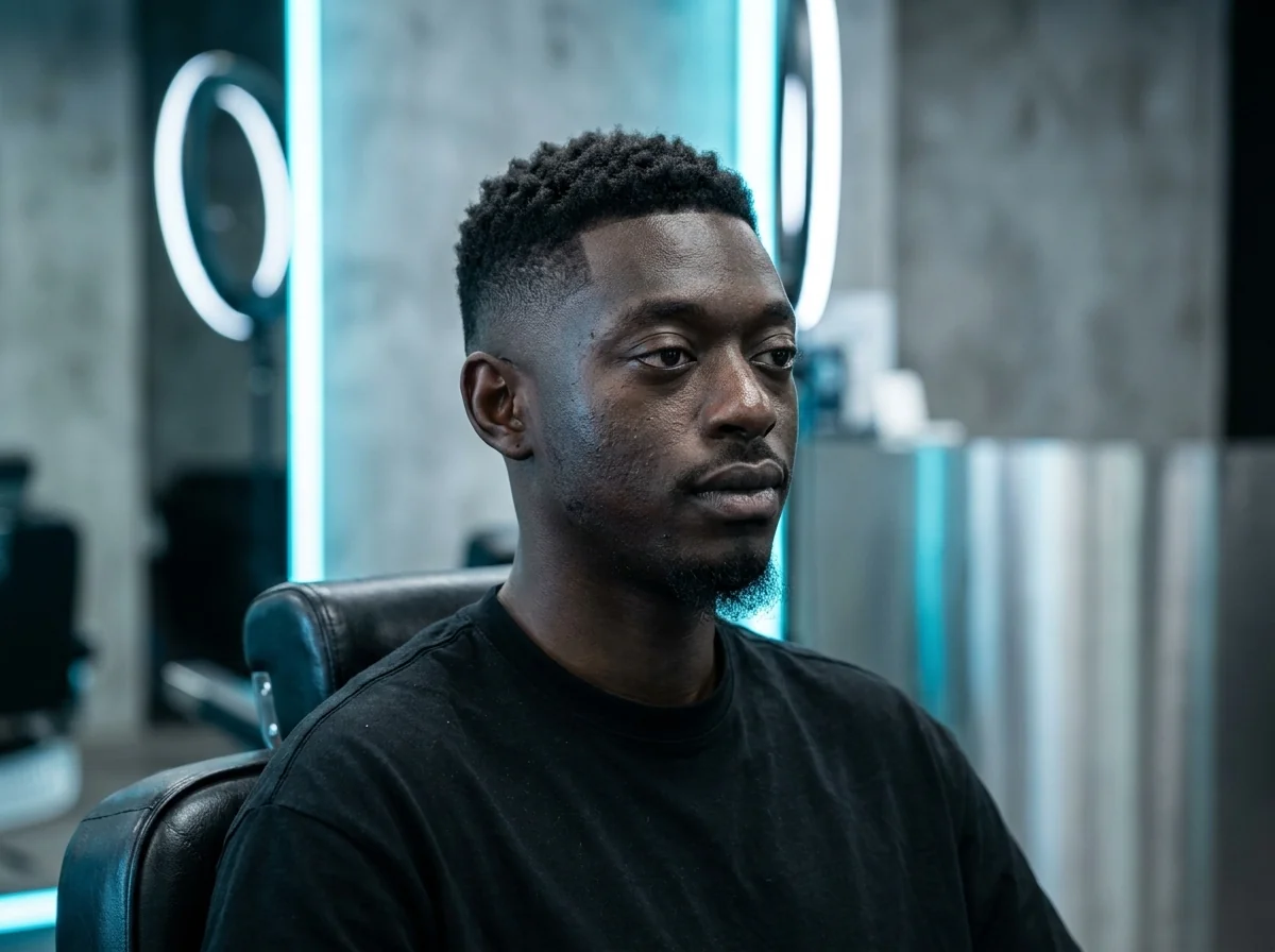Vue trois-quarts face d'un homme avec un textured crop bien exécuté, côtés en mid fade net et dessus texturé naturel en salon barbier